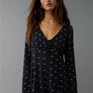 American Eagle Bow Long Sleeve V-Neck Romper